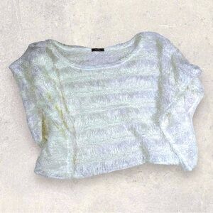 FELINE woven knit crop bright white fringe top